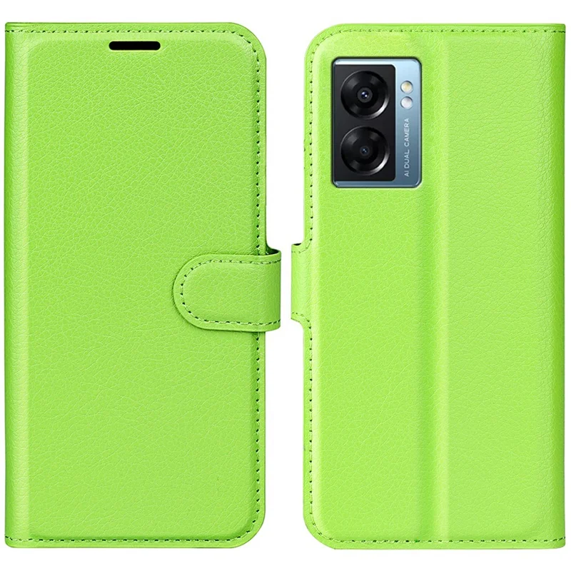 For Oppo A57 (2022) 5G / A77 5G Litchi Texture Magnetic Clasp Phone Cover PU Leather Stand Wallet Case - Green