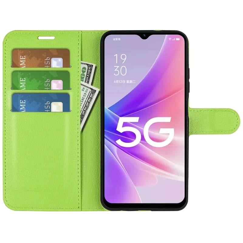 For Oppo A57 (2022) 5G / A77 5G Litchi Texture Magnetic Clasp Phone Cover PU Leather Stand Wallet Case - Green