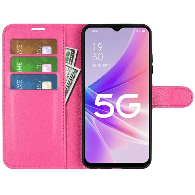 For Oppo A57 (2022) 5G / A77 5G Litchi Texture Magnetic Clasp Phone Cover PU Leather Stand Wallet Case - Rose