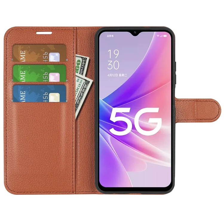 Pour Oppo A57 (2022) 5G / A77 5G Litchi Texture Magnétique Couvre de Téléphone pu le Cuir Support de Porte - Brun
