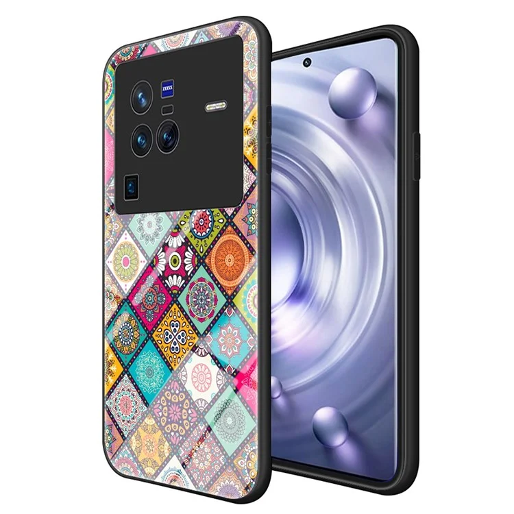 Per vivo X80 Pro Lanyard Design Flower Pattern Phone Case Kickstand Function Tempered Glass + PC + TPU Protector - Checkered Pattern
