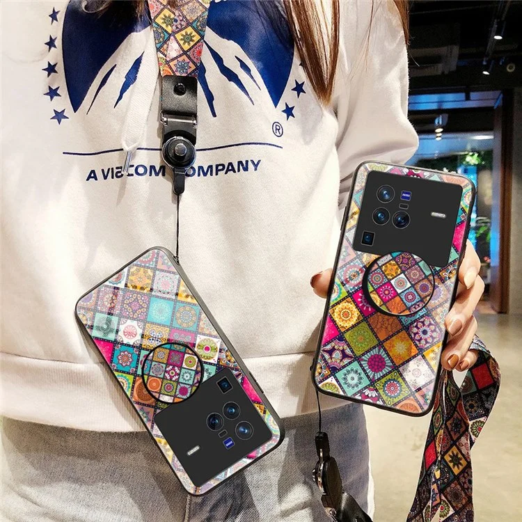 Per vivo X80 Pro Lanyard Design Flower Pattern Phone Case Kickstand Function Tempered Glass + PC + TPU Protector - Checkered Pattern
