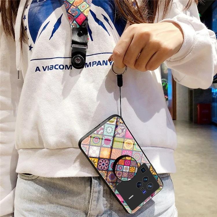 Per vivo X80 Pro Lanyard Design Flower Pattern Phone Case Kickstand Function Tempered Glass + PC + TPU Protector - Checkered Pattern