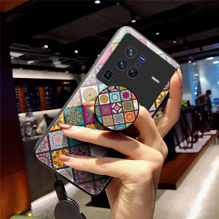 Per vivo X80 Pro Lanyard Design Flower Pattern Phone Case Kickstand Function Tempered Glass + PC + TPU Protector - Checkered Pattern
