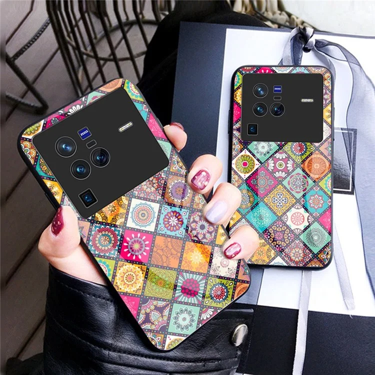 Per vivo X80 Pro Lanyard Design Flower Pattern Phone Case Kickstand Function Tempered Glass + PC + TPU Protector - Checkered Pattern