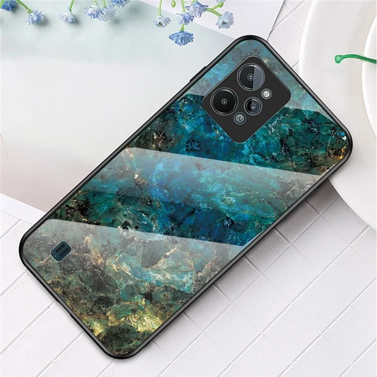 Case de Teléfono de Patrón de Mármol Para Realme C31, Vidrio Templado + PC + TPU Cubierta Protectora Anti-scratch - Mármol de Esmeralda