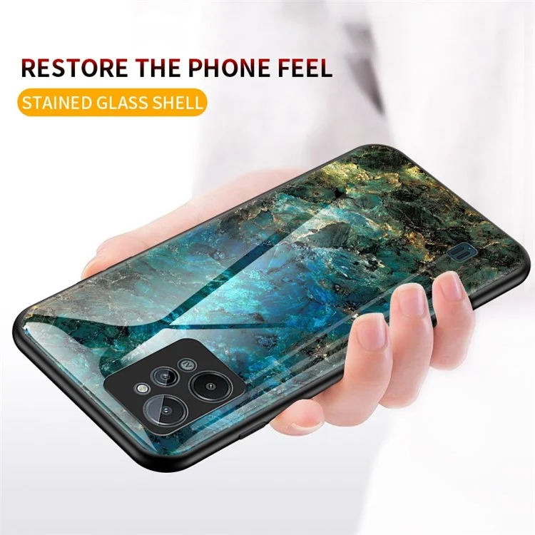 Case de Teléfono de Patrón de Mármol Para Realme C31, Vidrio Templado + PC + TPU Cubierta Protectora Anti-scratch - Mármol de Esmeralda