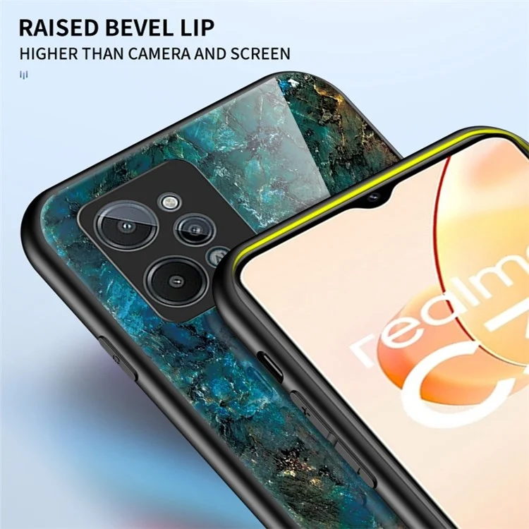 Case de Teléfono de Patrón de Mármol Para Realme C31, Vidrio Templado + PC + TPU Cubierta Protectora Anti-scratch - Mármol de Esmeralda