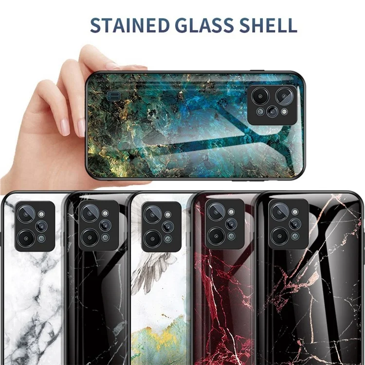 Case de Teléfono de Patrón de Mármol Para Realme C31, Vidrio Templado + PC + TPU Cubierta Protectora Anti-scratch - Mármol de Esmeralda