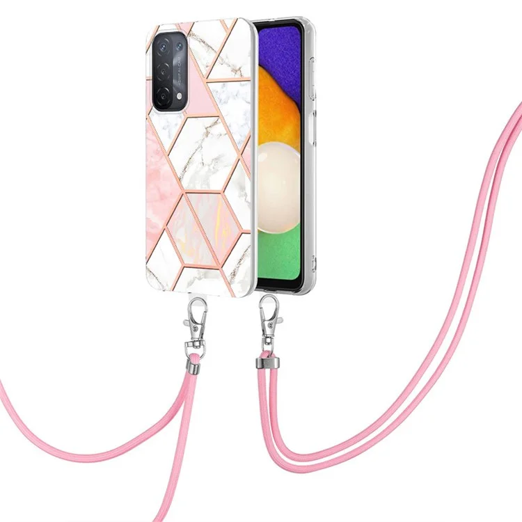 YB IMD Series-5 Slim Lightweight TPU Phone Cover for 	Oppo A74 5G/A93 5G/A54 5G/A93s 5G, Shiny Electroplating Effect IMD IML Marble Pattern Phone Flexible Case with Adjustable Lanyard - Pink/White