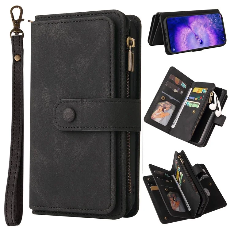 Pour Oppo Find X5 Pro KT Multi-fonctionnel Série-2 Coque de téléphone en cuir PU antichoc avec support, plusieurs fentes pour cartes et poche zippée - Noir