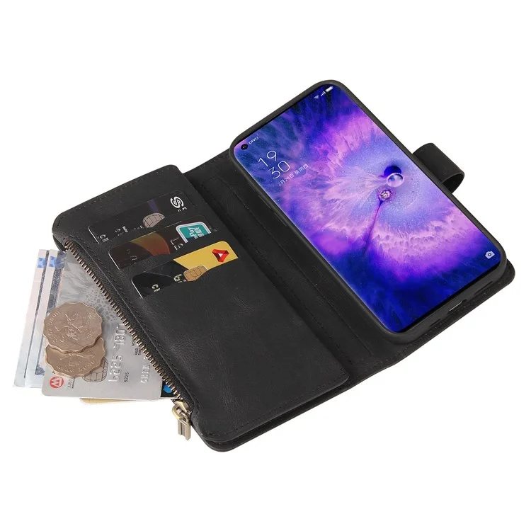 Pour Oppo Find X5 Pro KT Multi-fonctionnel Série-2 Coque de téléphone en cuir PU antichoc avec support, plusieurs fentes pour cartes et poche zippée - Noir