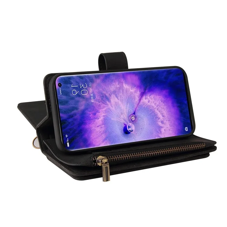 Pour Oppo Find X5 Pro KT Multi-fonctionnel Série-2 Coque de téléphone en cuir PU antichoc avec support, plusieurs fentes pour cartes et poche zippée - Noir