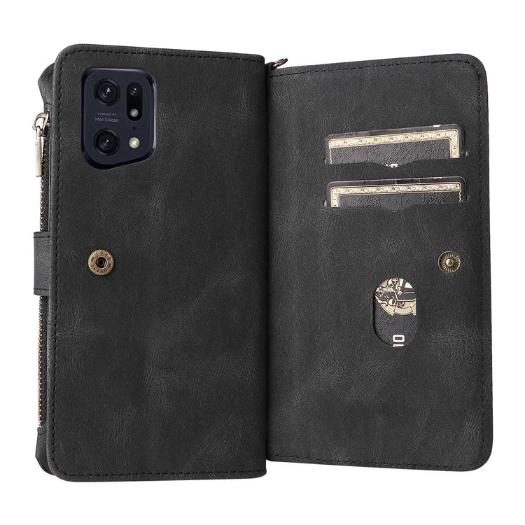 Pour Oppo Find X5 Pro KT Multi-fonctionnel Série-2 Coque de téléphone en cuir PU antichoc avec support, plusieurs fentes pour cartes et poche zippée - Noir