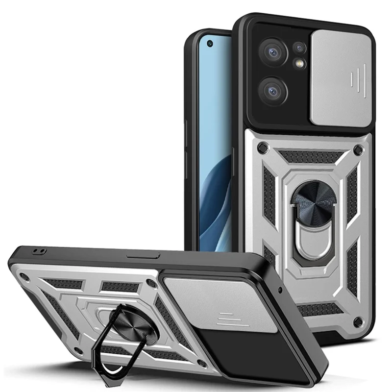 For Oppo Reno7 5G (Global) Protective Case Ring Magnetic Kickstand PC + TPU Dual Layer Shock Absorption Phone Protector with Camera Anti-Scratch Slide Cover - Silver