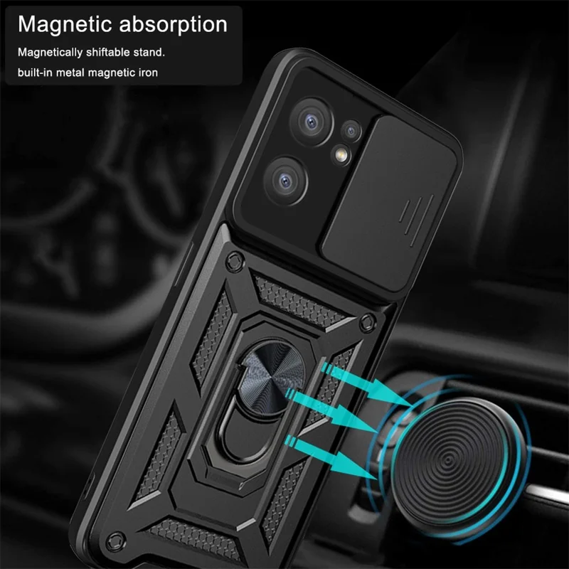 For Oppo Reno7 5G (Global) Protective Case Ring Magnetic Kickstand PC + TPU Dual Layer Shock Absorption Phone Protector with Camera Anti-Scratch Slide Cover - Silver