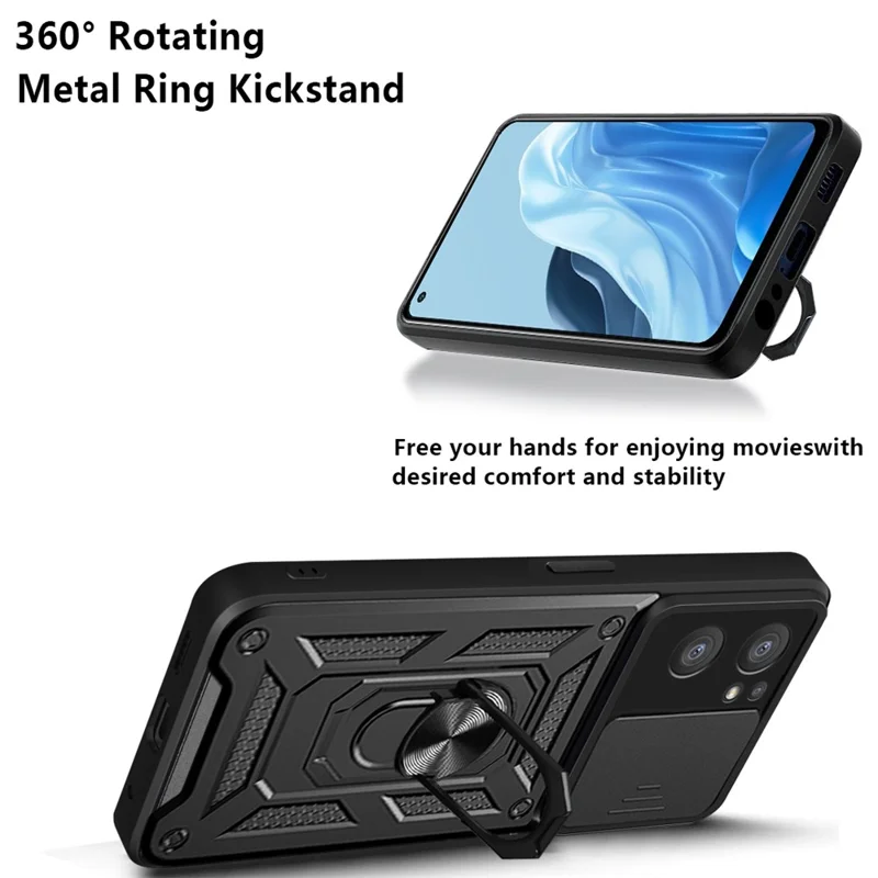 For Oppo Reno7 5G (Global) Protective Case Ring Magnetic Kickstand PC + TPU Dual Layer Shock Absorption Phone Protector with Camera Anti-Scratch Slide Cover - Silver
