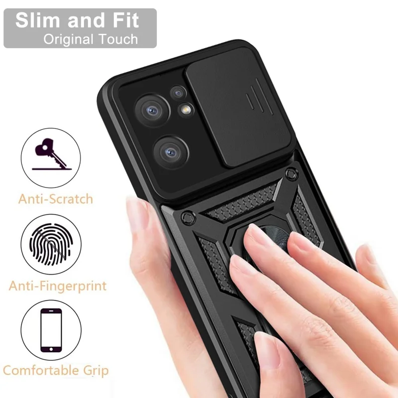 For Oppo Reno7 5G (Global) Protective Case Ring Magnetic Kickstand PC + TPU Dual Layer Shock Absorption Phone Protector with Camera Anti-Scratch Slide Cover - Silver