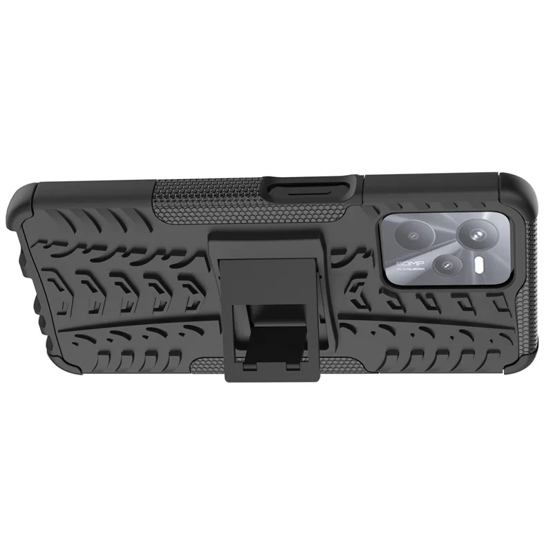 For Realme C35 Kickstand Phone Case Cool Tire Texture Anti-drop Hybrid TPU + PC Cover - Black