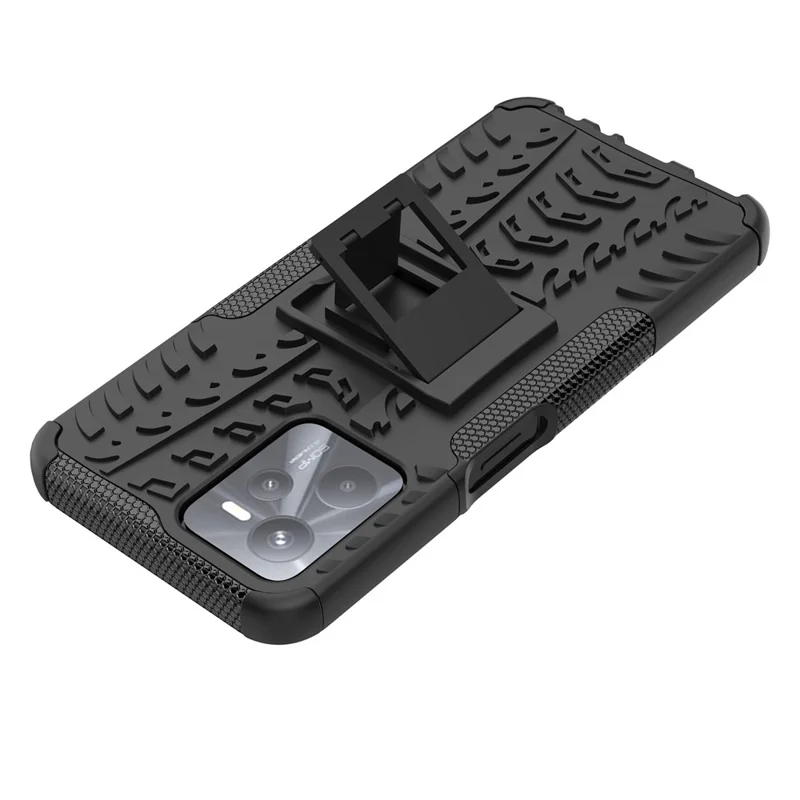 For Realme C35 Kickstand Phone Case Cool Tire Texture Anti-drop Hybrid TPU + PC Cover - Black