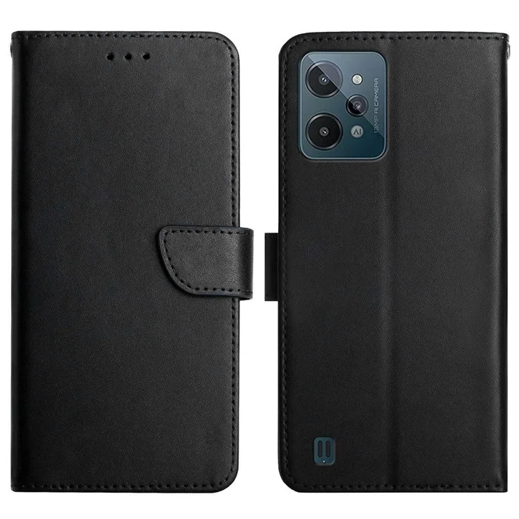 Case de Textura Nappa Para Realme C31, Wallet Stand Genuine Leather a Prueba de Choque a Prueba de Golpes de Cierre de Teléfono de Cierre Magnético - Negro