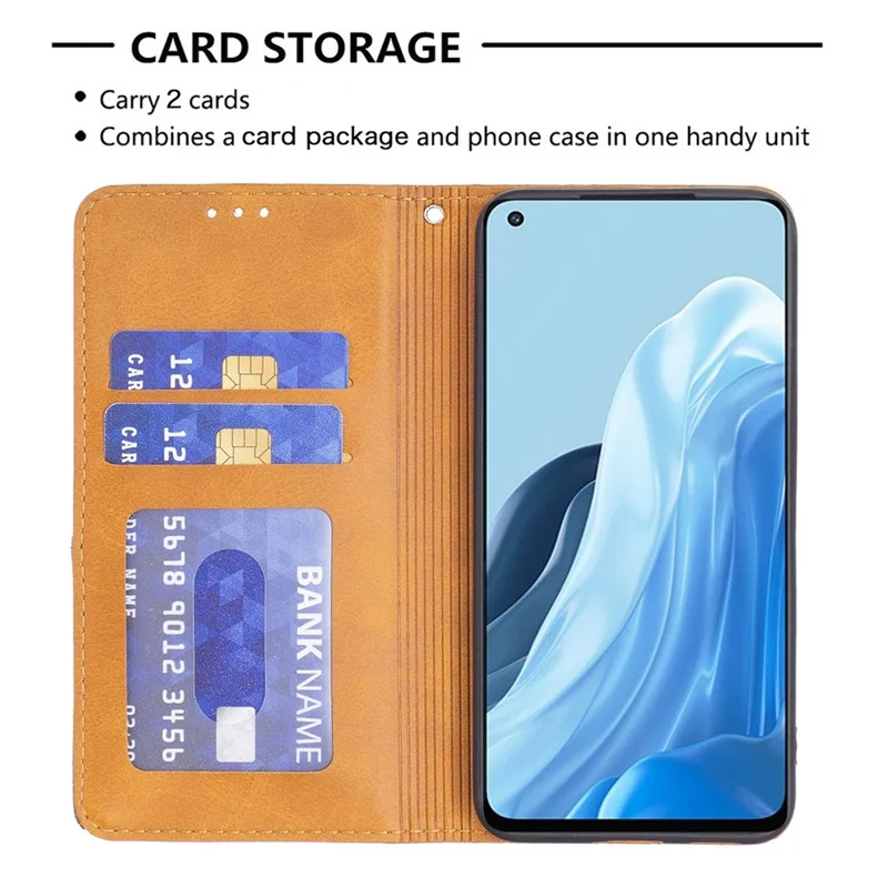 Läderlugg för Oppo A57 (2022) 5G / A77 5G med kortficka, inpräntat mönster, ställfunktion - Gul