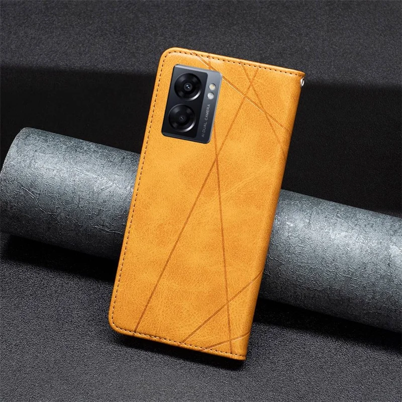 Läderlugg för Oppo A57 (2022) 5G / A77 5G med kortficka, inpräntat mönster, ställfunktion - Gul