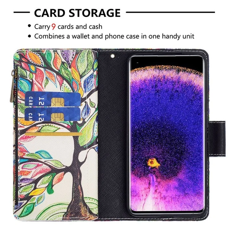 BF Pattern Printing Leath Series-4 Pour Oppo A57 (2022) 5G / A77 5G, Casse de Téléphone Mobile de Style Zipper en Cuir PU de Style 03 Avec Support Réglable Avec un Support Réglable - Arbre à Vie