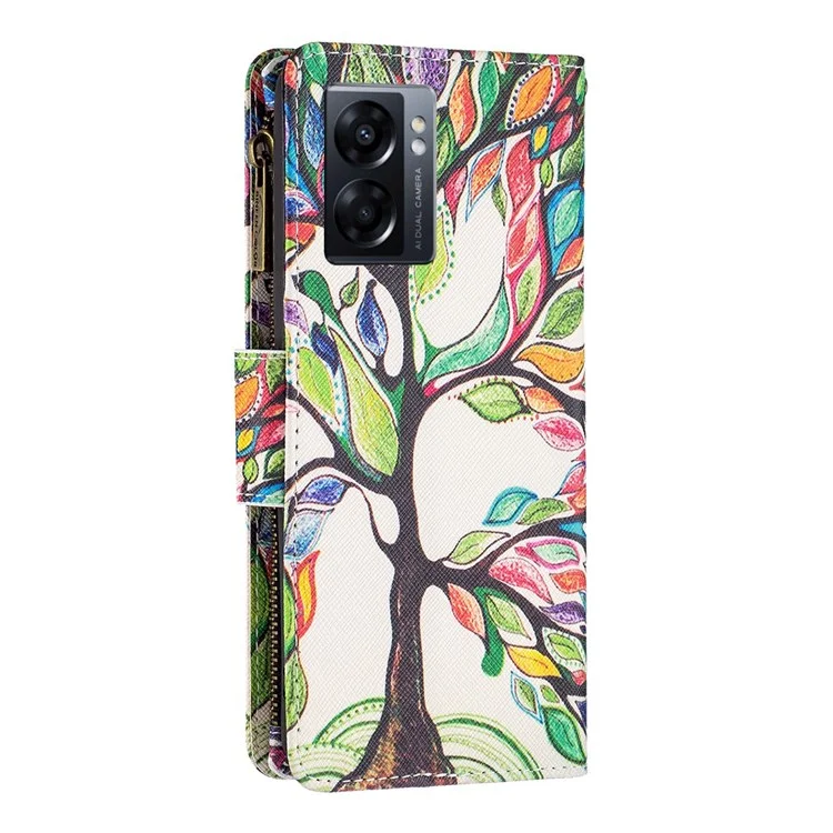 BF Pattern Printing Leath Series-4 Pour Oppo A57 (2022) 5G / A77 5G, Casse de Téléphone Mobile de Style Zipper en Cuir PU de Style 03 Avec Support Réglable Avec un Support Réglable - Arbre à Vie
