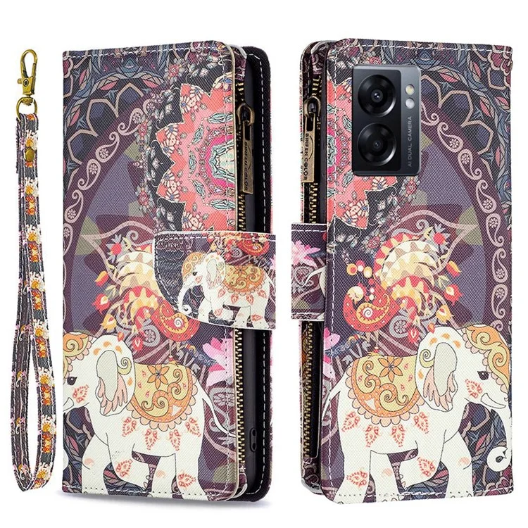 For Oppo A57 (2022) 5G / A77 5G Leather Case with Strap Pattern Printing Zipper Wallet Phone Stand Cover - Flowers and Elephant