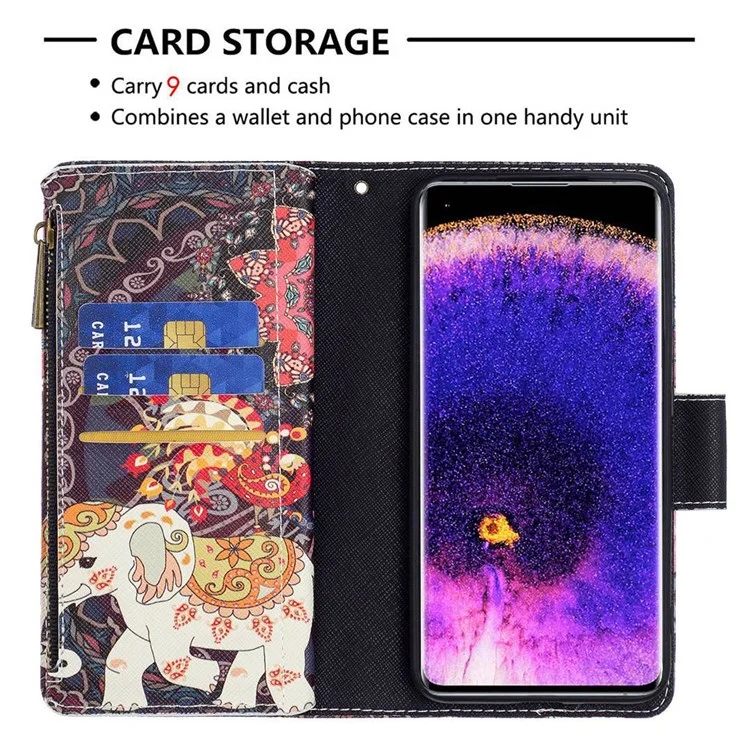 For Oppo A57 (2022) 5G / A77 5G Leather Case with Strap Pattern Printing Zipper Wallet Phone Stand Cover - Flowers and Elephant