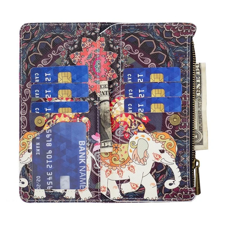 For Oppo A57 (2022) 5G / A77 5G Leather Case with Strap Pattern Printing Zipper Wallet Phone Stand Cover - Flowers and Elephant