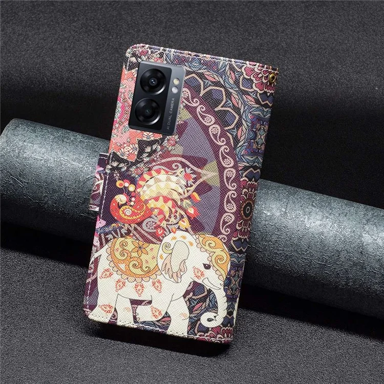 For Oppo A57 (2022) 5G / A77 5G Leather Case with Strap Pattern Printing Zipper Wallet Phone Stand Cover - Flowers and Elephant