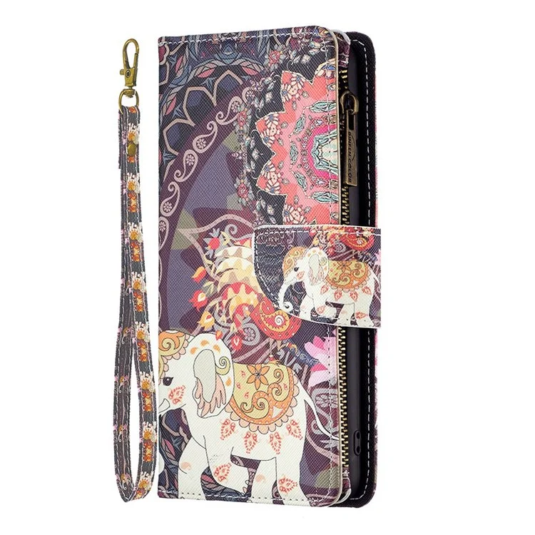 For Oppo A57 (2022) 5G / A77 5G Leather Case with Strap Pattern Printing Zipper Wallet Phone Stand Cover - Flowers and Elephant