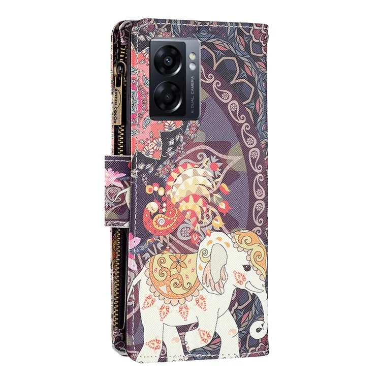 For Oppo A57 (2022) 5G / A77 5G Leather Case with Strap Pattern Printing Zipper Wallet Phone Stand Cover - Flowers and Elephant