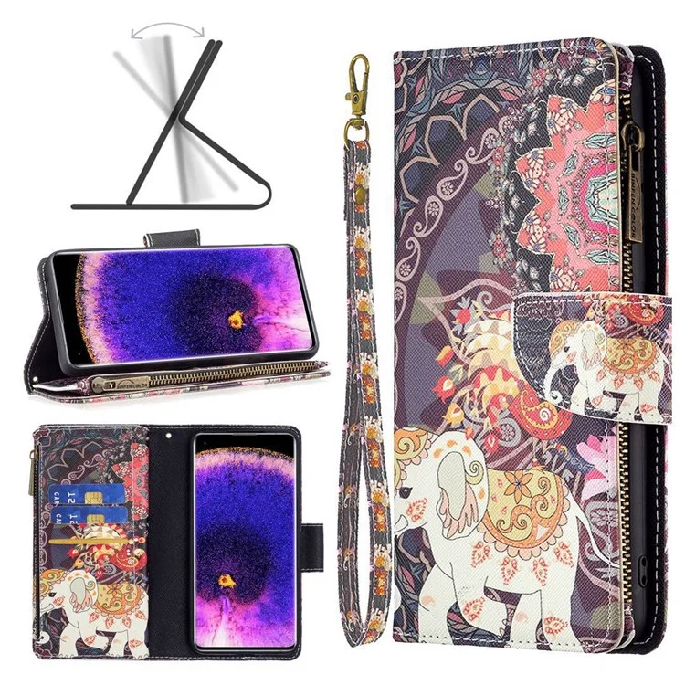 For Oppo A57 (2022) 5G / A77 5G Leather Case with Strap Pattern Printing Zipper Wallet Phone Stand Cover - Flowers and Elephant