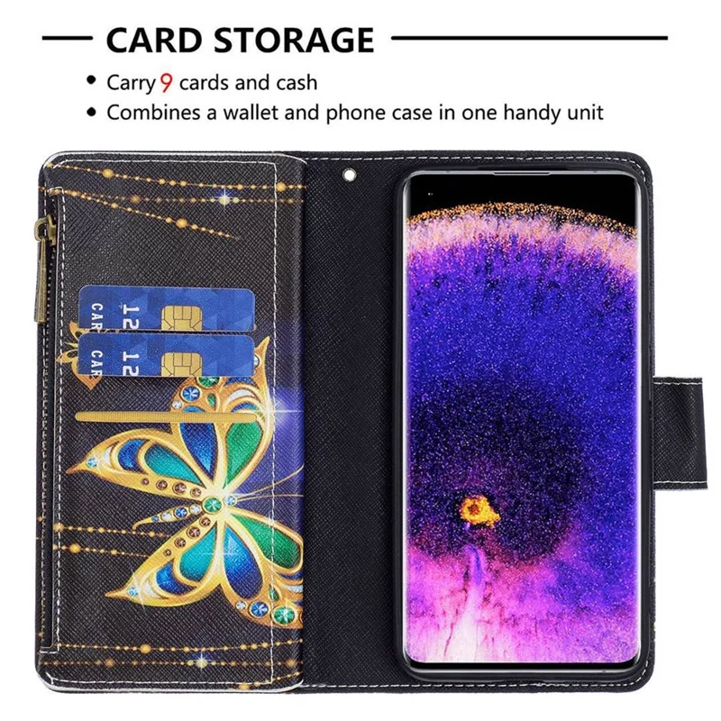 For Oppo A57 (2022) 5G / A77 5G Leather Case with Strap Pattern Printing Zipper Wallet Phone Stand Cover - Rhinestone Butterfly