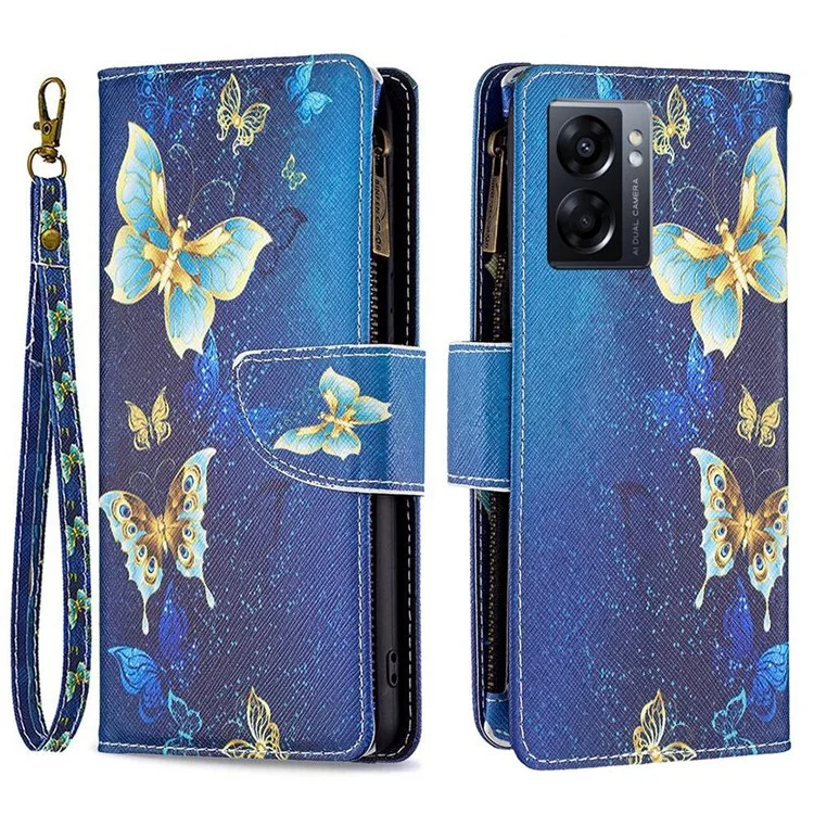 BF Pattern Printing Leather Series-4 para Oppo A57 (2022) 5G / A77 5G, 03-Style PU Leather Zipper Pocket Wallet Mobile Phone Case con soporte ajustable - Mariposas Doradas