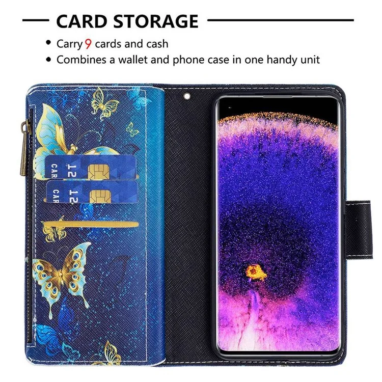 BF Pattern Printing Leather Series-4 para Oppo A57 (2022) 5G / A77 5G, 03-Style PU Leather Zipper Pocket Wallet Mobile Phone Case con soporte ajustable - Mariposas Doradas