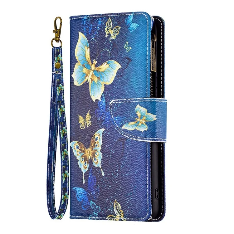 BF Pattern Printing Leather Series-4 para Oppo A57 (2022) 5G / A77 5G, 03-Style PU Leather Zipper Pocket Wallet Mobile Phone Case con soporte ajustable - Mariposas Doradas
