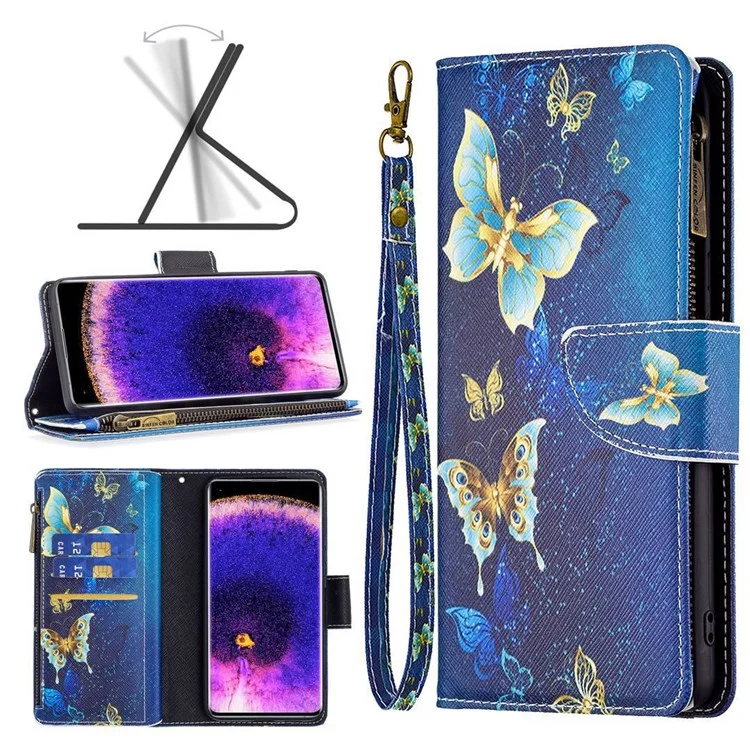 BF Pattern Printing Leather Series-4 para Oppo A57 (2022) 5G / A77 5G, 03-Style PU Leather Zipper Pocket Wallet Mobile Phone Case con soporte ajustable - Mariposas Doradas