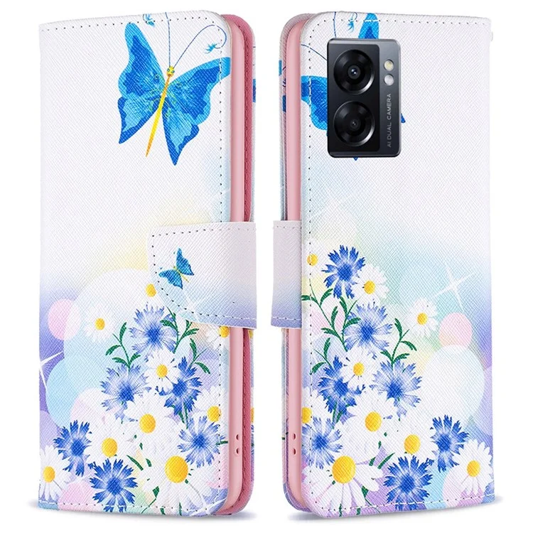Série de cuir à motif imprimé BF-1 pour Oppo A57 (2022) 5G / A77 5G Étui portefeuille en cuir PU avec support de visionnage Housse de protection - Papillon et fleurs