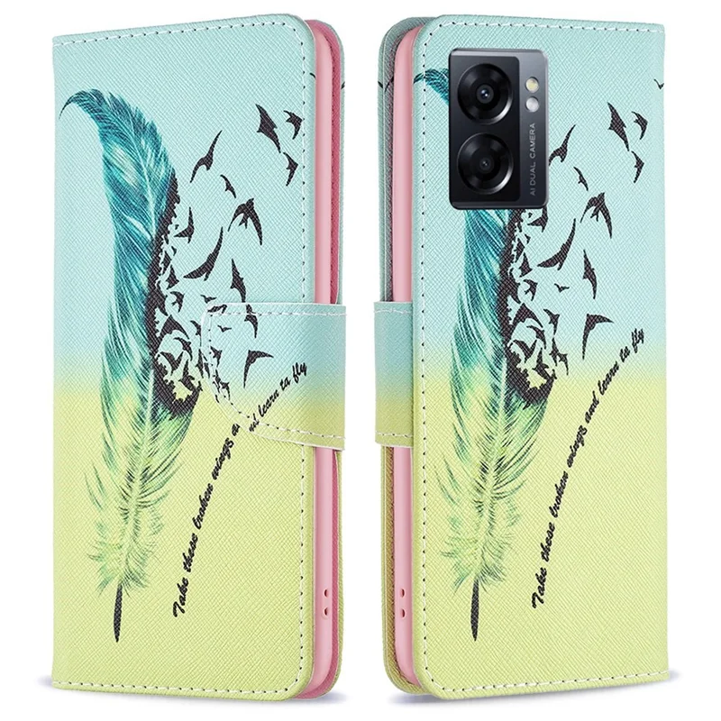 Funda para teléfono Oppo A57 (2022) 5G / A77 5G, carcasa con estampado de dibujos, de cuero PU, con billetera y soporte - Pluma