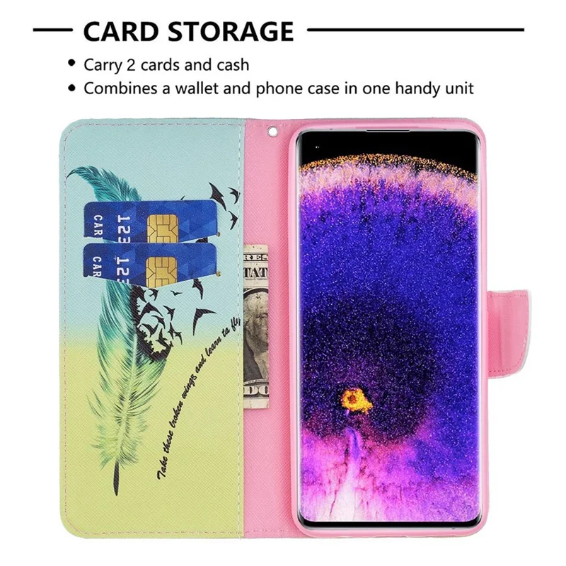 Funda para teléfono Oppo A57 (2022) 5G / A77 5G, carcasa con estampado de dibujos, de cuero PU, con billetera y soporte - Pluma