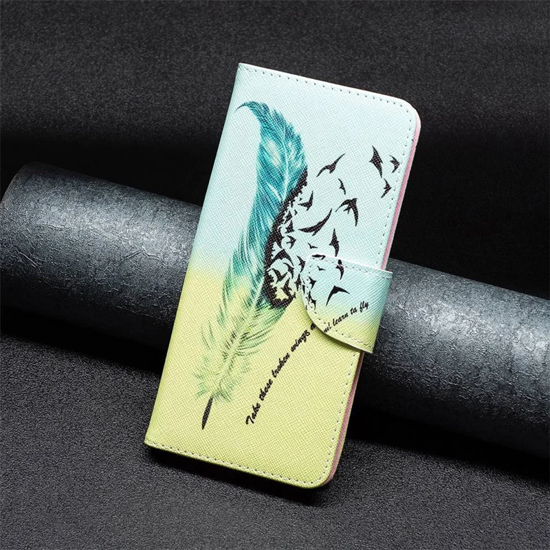 Funda para teléfono Oppo A57 (2022) 5G / A77 5G, carcasa con estampado de dibujos, de cuero PU, con billetera y soporte - Pluma