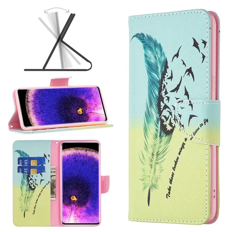 Funda para teléfono Oppo A57 (2022) 5G / A77 5G, carcasa con estampado de dibujos, de cuero PU, con billetera y soporte - Pluma