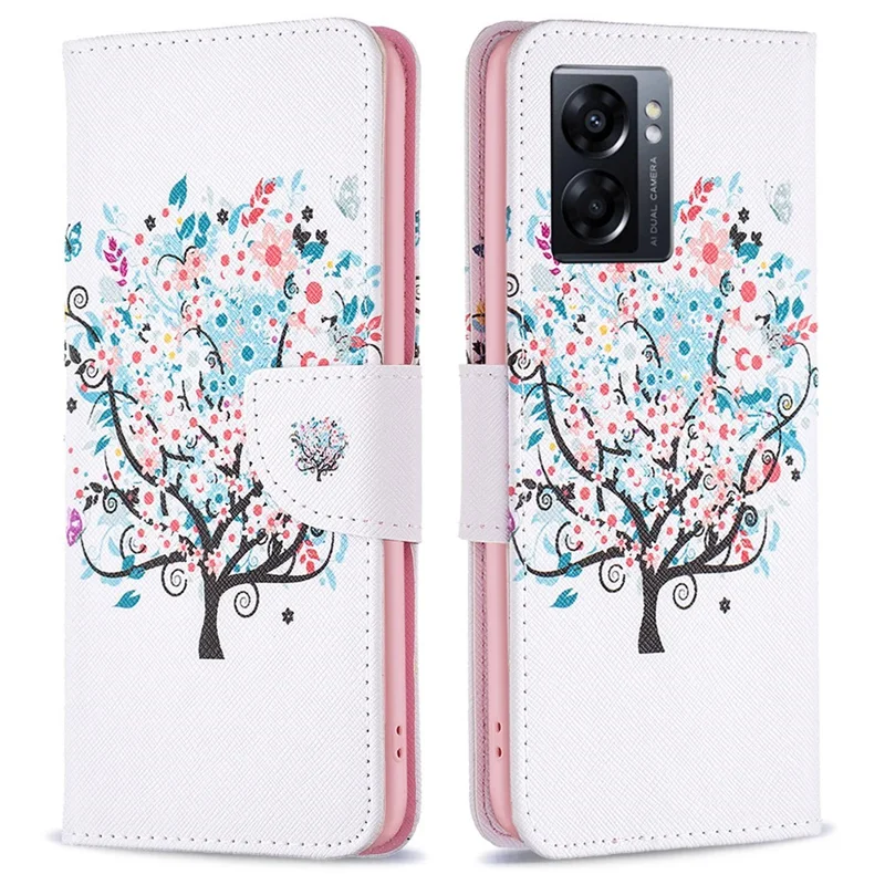For Oppo A57 (2022) 5G / A77 5G Phone Case Pattern Printing PU Leather Wallet Stand Cover - Flower Tree