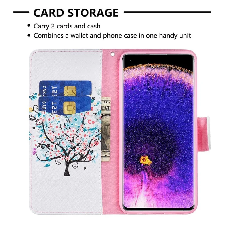 For Oppo A57 (2022) 5G / A77 5G Phone Case Pattern Printing PU Leather Wallet Stand Cover - Flower Tree