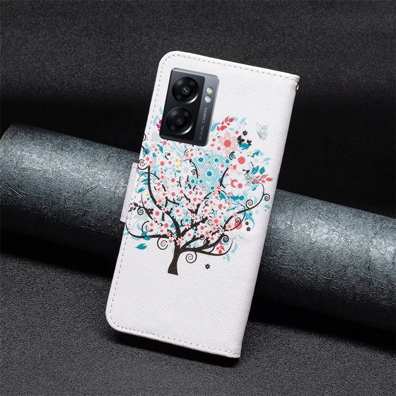 For Oppo A57 (2022) 5G / A77 5G Phone Case Pattern Printing PU Leather Wallet Stand Cover - Flower Tree