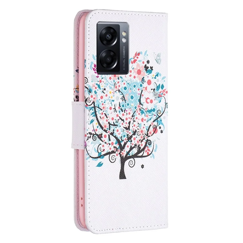 For Oppo A57 (2022) 5G / A77 5G Phone Case Pattern Printing PU Leather Wallet Stand Cover - Flower Tree